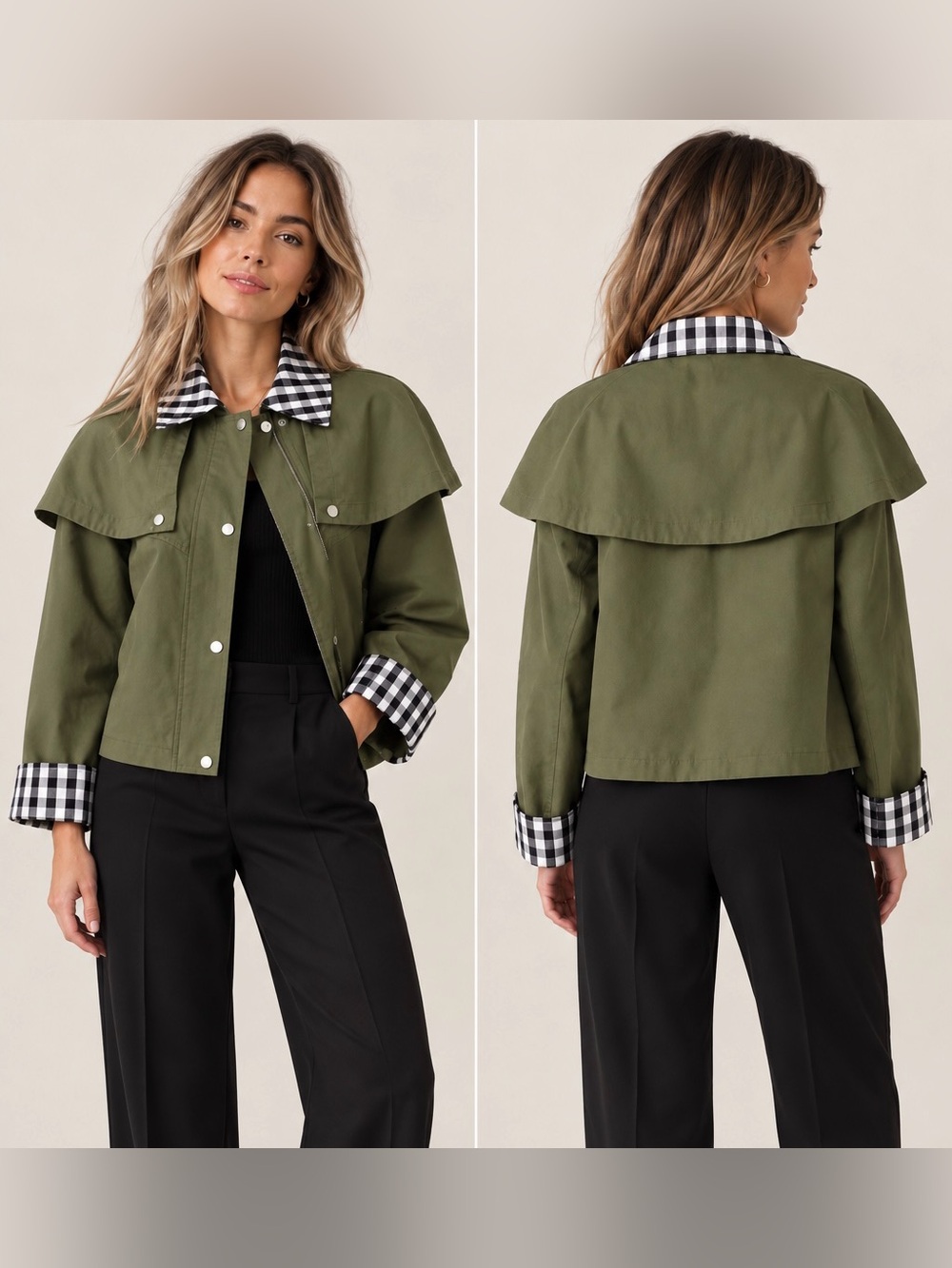 Avec Les Filles Olive Green Gingham Trim Cape Jacket